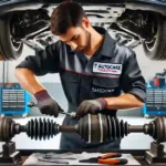 Mechanic at T Autocare Takedown replacing a CV axle, using specialized tools in a well-equipped auto repair shop.