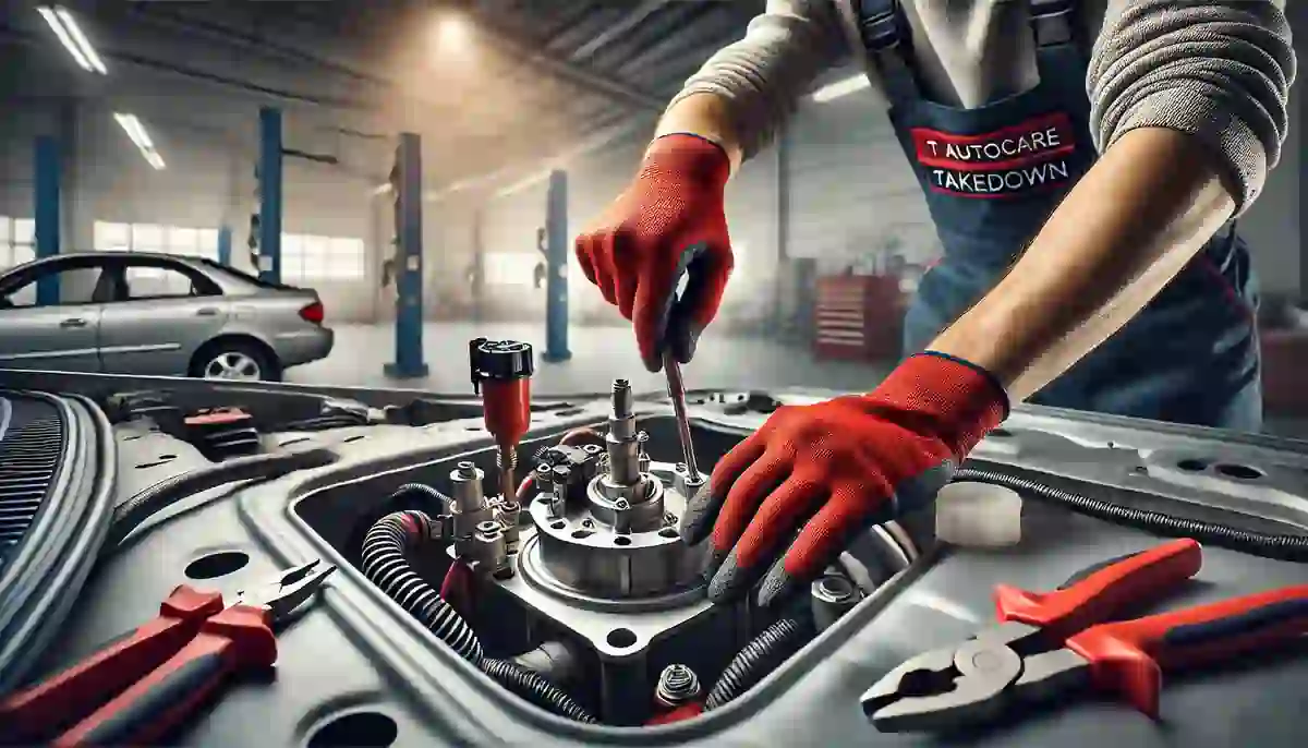 mechanic at t autocare takedown in broken arrow replacing a fuel pump