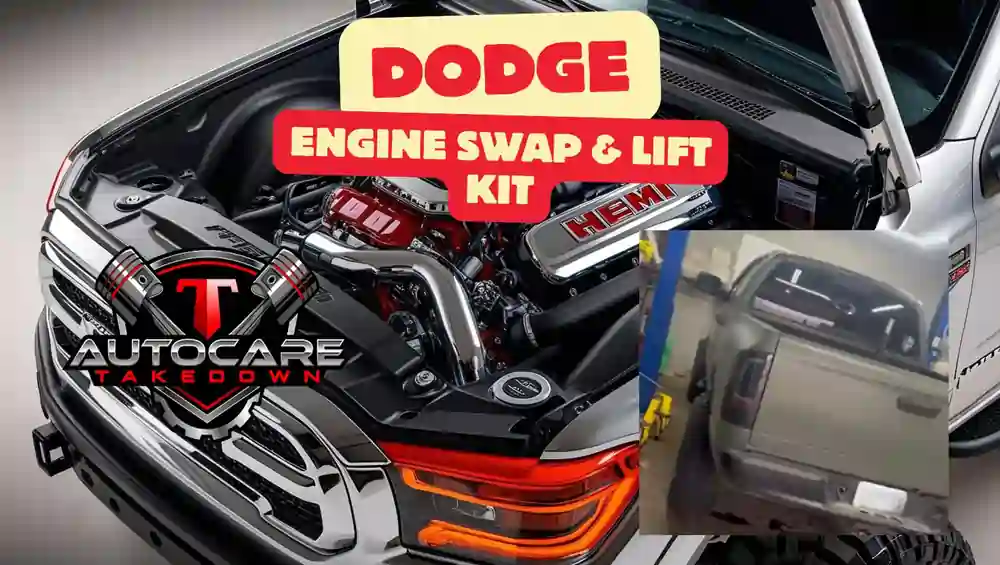 featured image for blog post about engine swap and lift kit installation on a dodge truck at T Autocare Takedown auto repair in Broken Arrow